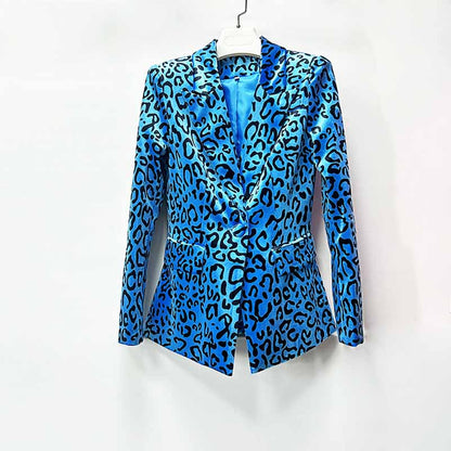 Women's leopard print velvet pantsuit in blue with stylish blazer and tailored fit
