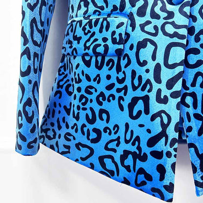 Stylish women's leopard print velvet pantsuit in blue with a modern fit and elegant design.