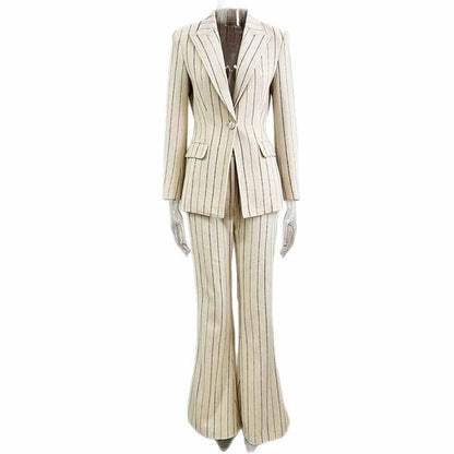 Women's Vertical Stripe Brushed Wool Suit Set – Blazer & Trousers 2-Piece Outfit