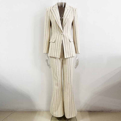 Women's Vertical Stripe Brushed Wool Suit Set – Blazer & Trousers 2-Piece Outfit