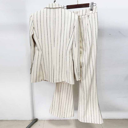 Women's Vertical Stripe Brushed Wool Suit Set – Blazer & Trousers 2-Piece Outfit