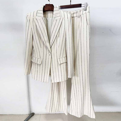 Women's Vertical Stripe Brushed Wool Suit Set – Blazer & Trousers 2-Piece Outfit