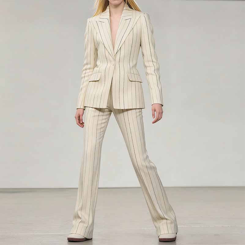 Women's Vertical Stripe Brushed Wool Suit Set – Blazer & Trousers 2-Piece Outfit