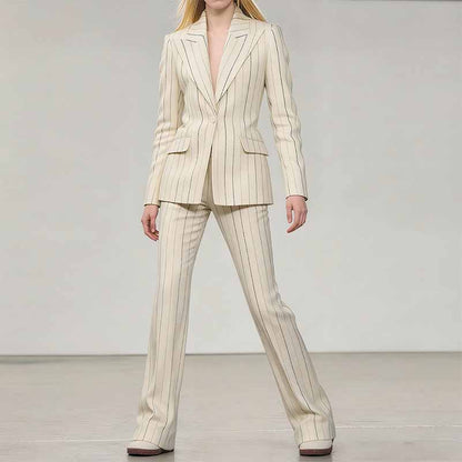 Women's Vertical Stripe Brushed Wool Suit Set – Blazer & Trousers 2-Piece Outfit