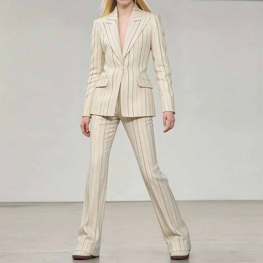 Women's Vertical Stripe Brushed Wool Suit Set – Blazer & Trousers 2-Piece Outfit