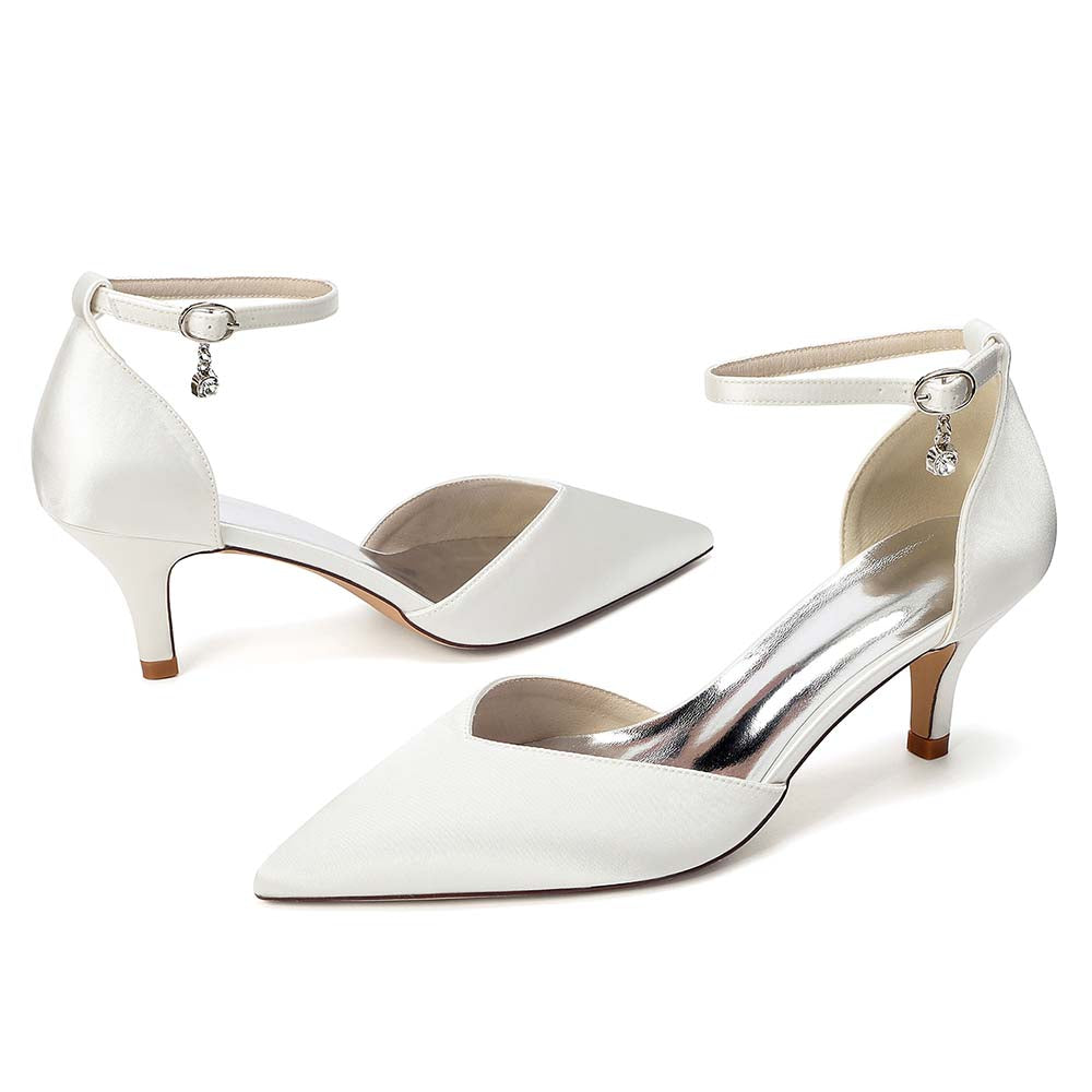 Women's Ankle Strap Kitten Heel Shoes | Bridal Formal Satin-Like Rhinestone Detail