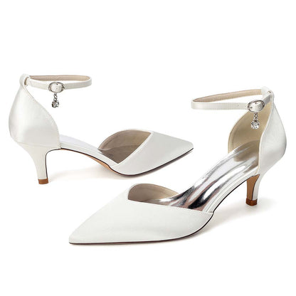 Women's Ankle Strap Kitten Heel Shoes | Bridal Formal Satin-Like Rhinestone Detail