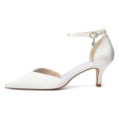 Women's Ankle Strap Kitten Heel Shoes | Bridal Formal Satin-Like Rhinestone Detail