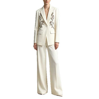 Elegant Women's White Sequin Floral Embroidered Blazer and Wide-Leg Pant Suit Set