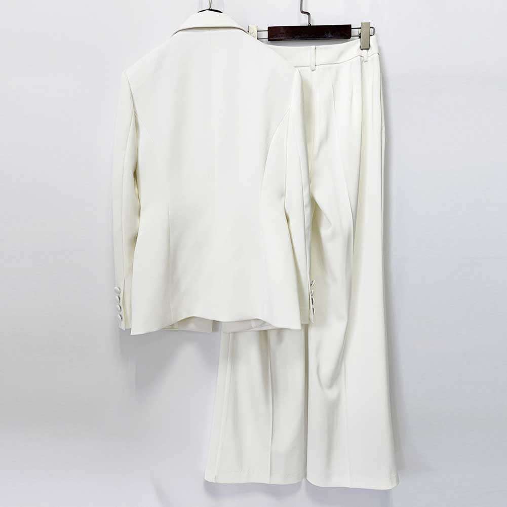 Elegant Women's White Sequin Floral Embroidered Blazer and Wide-Leg Pant Suit Set