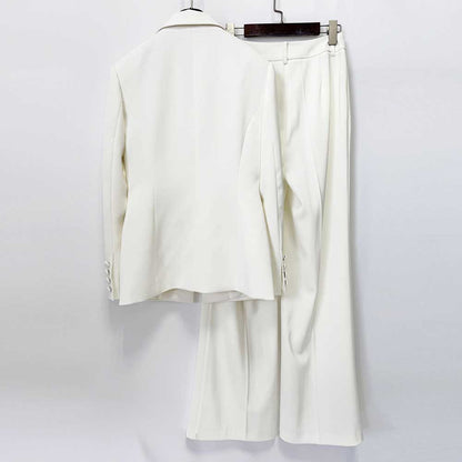 Elegant Women's White Sequin Floral Embroidered Blazer and Wide-Leg Pant Suit Set