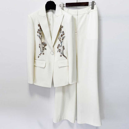 Elegant Women's White Sequin Floral Embroidered Blazer and Wide-Leg Pant Suit Set