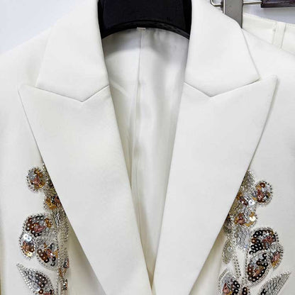 Elegant Women's White Sequin Floral Embroidered Blazer and Wide-Leg Pant Suit Set