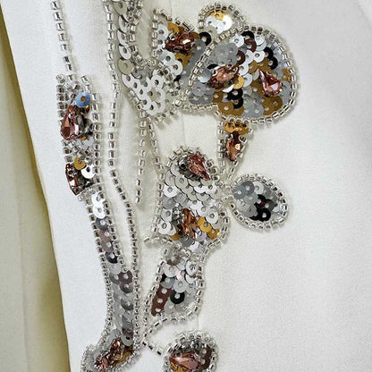 Elegant Women's White Sequin Floral Embroidered Blazer and Wide-Leg Pant Suit Set