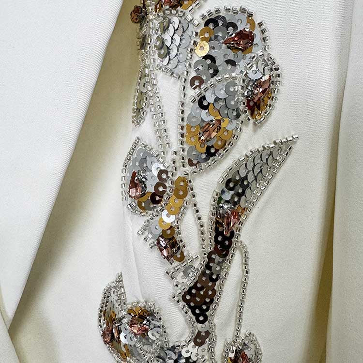 Elegant Women's White Sequin Floral Embroidered Blazer and Wide-Leg Pant Suit Set