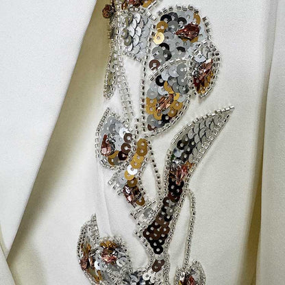Elegant Women's White Sequin Floral Embroidered Blazer and Wide-Leg Pant Suit Set