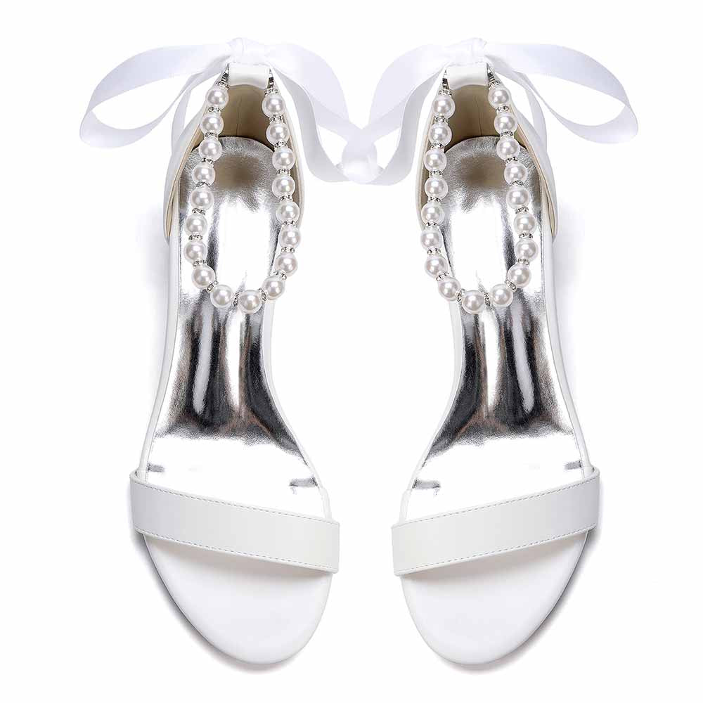 Women's White Pearl Ankle Tie Block Heel Sandals Bridal Wedding Shoes