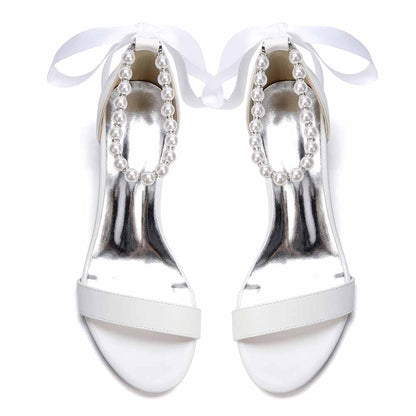 Women's White Pearl Ankle Tie Block Heel Sandals Bridal Wedding Shoes