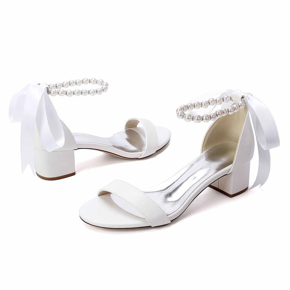 Women's White Pearl Ankle Tie Block Heel Sandals Bridal Wedding Shoes