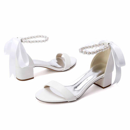 Women's White Pearl Ankle Tie Block Heel Sandals Bridal Wedding Shoes