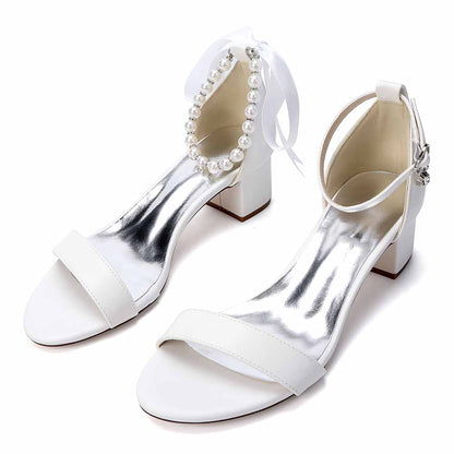Women's White Pearl Ankle Tie Block Heel Sandals Bridal Wedding Shoes