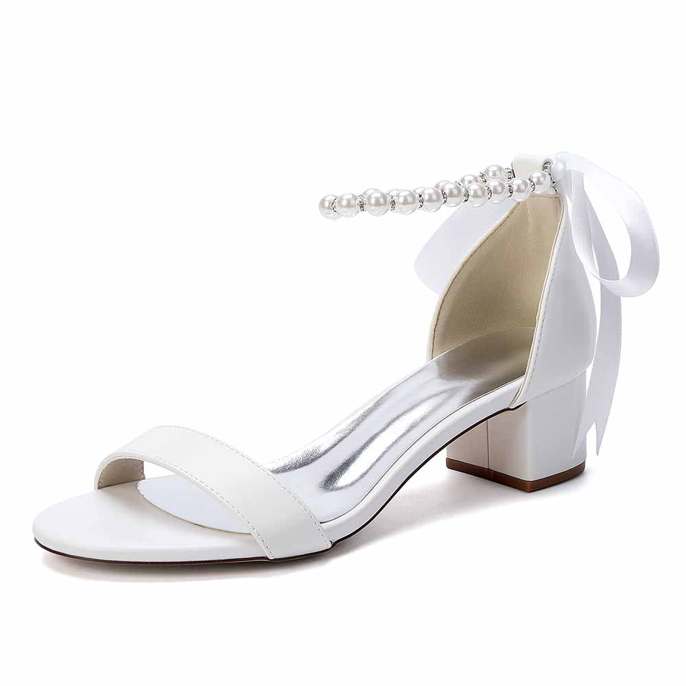 Women's White Pearl Ankle Tie Block Heel Sandals Bridal Wedding Shoes