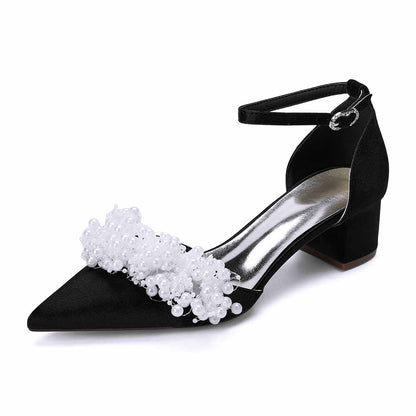 Women's White Pearl Embellished Satin Pointed - Toe Ankle Strap Block Heel Wedding Bridal Shoes