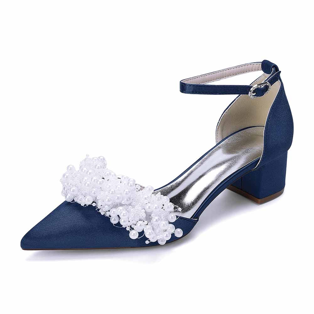 Women's White Pearl Embellished Satin Pointed - Toe Ankle Strap Block Heel Wedding Bridal Shoes