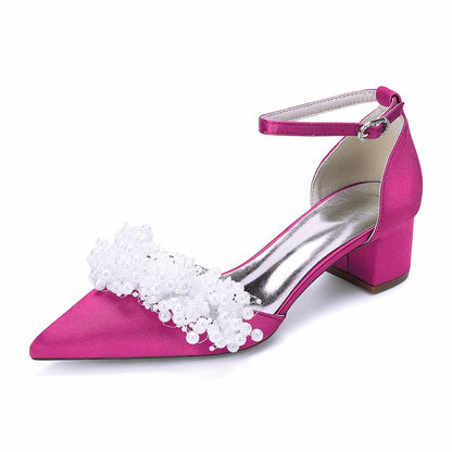 Women's White Pearl Embellished Satin Pointed - Toe Ankle Strap Block Heel Wedding Bridal Shoes