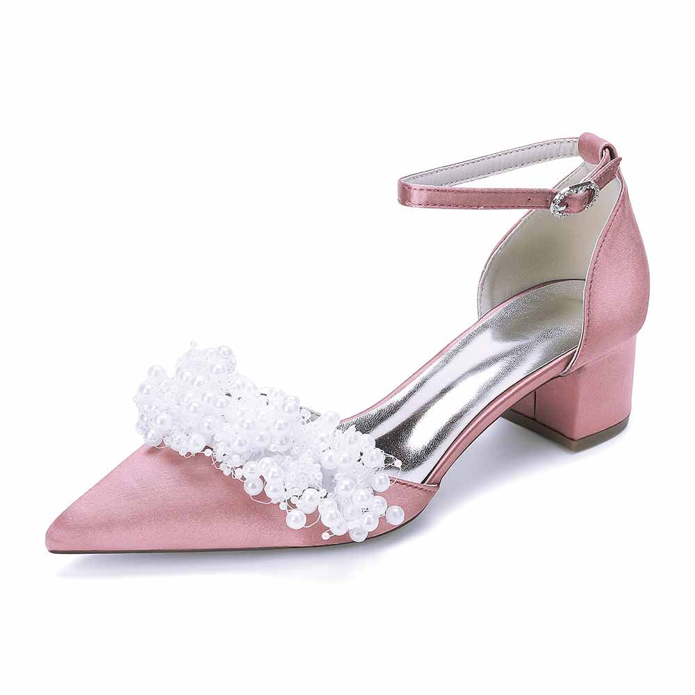 Women's White Pearl Embellished Satin Pointed - Toe Ankle Strap Block Heel Wedding Bridal Shoes