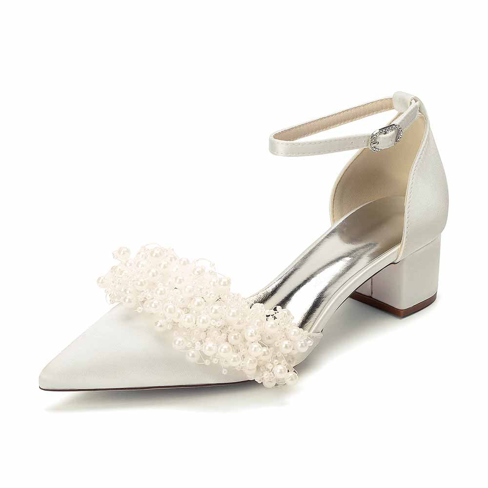 Women's White Pearl Embellished Satin Pointed - Toe Ankle Strap Block Heel Wedding Bridal Shoes