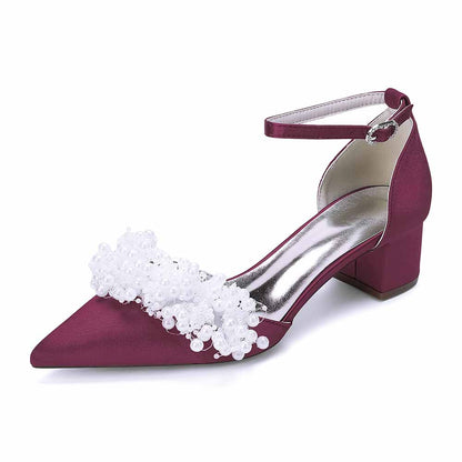 Women's White Pearl Embellished Satin Pointed - Toe Ankle Strap Block Heel Wedding Bridal Shoes