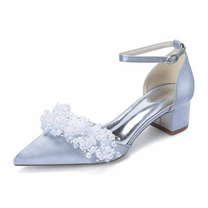 Women's White Pearl Embellished Satin Pointed - Toe Ankle Strap Block Heel Wedding Bridal Shoes