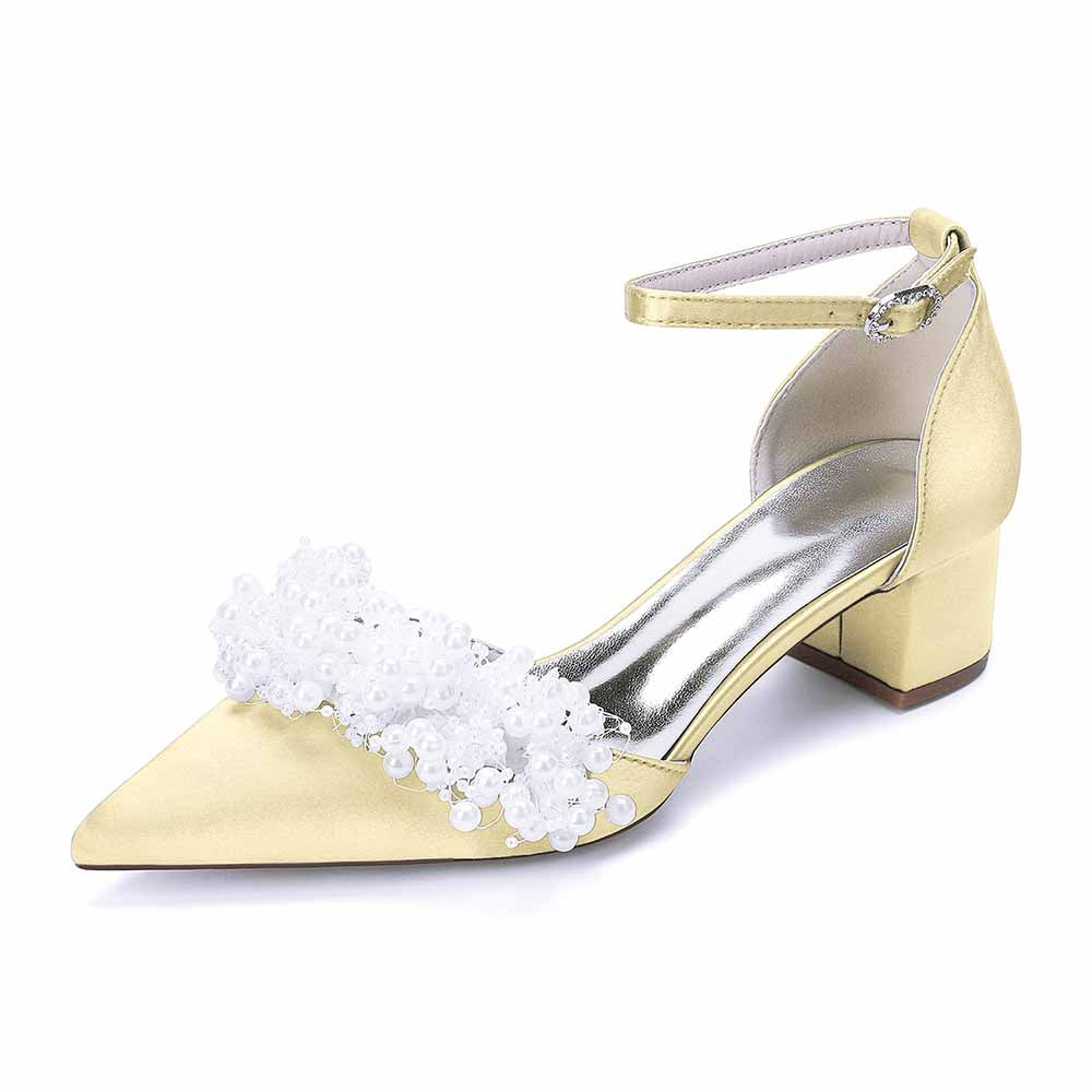 Women's White Pearl Embellished Satin Pointed - Toe Ankle Strap Block Heel Wedding Bridal Shoes