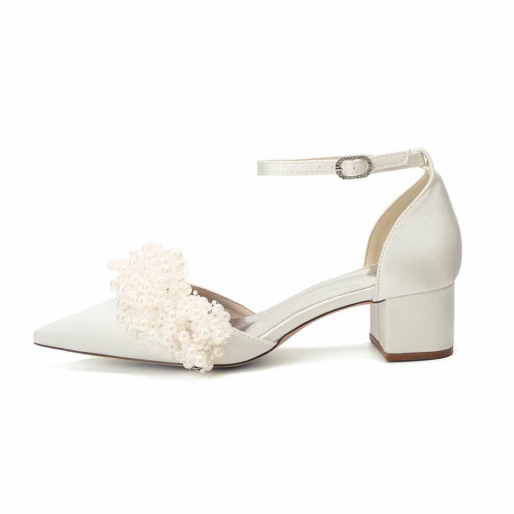 Women's White Pearl Embellished Satin Pointed - Toe Ankle Strap Block Heel Wedding Bridal Shoes