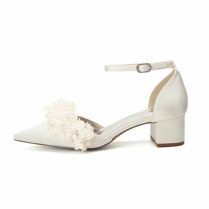 Women's White Pearl Embellished Satin Pointed - Toe Ankle Strap Block Heel Wedding Bridal Shoes