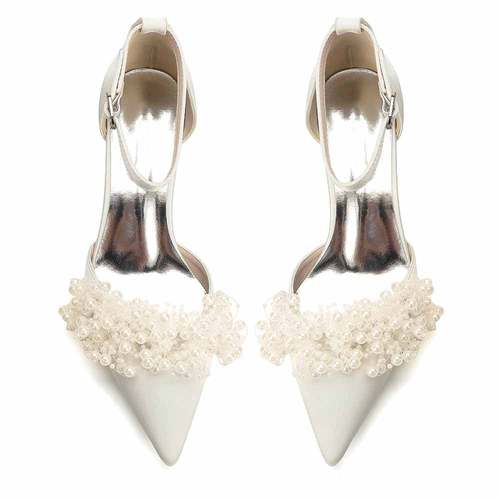 Women's White Pearl Embellished Satin Pointed - Toe Ankle Strap Block Heel Wedding Bridal Shoes