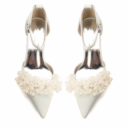 Women's White Pearl Embellished Satin Pointed - Toe Ankle Strap Block Heel Wedding Bridal Shoes