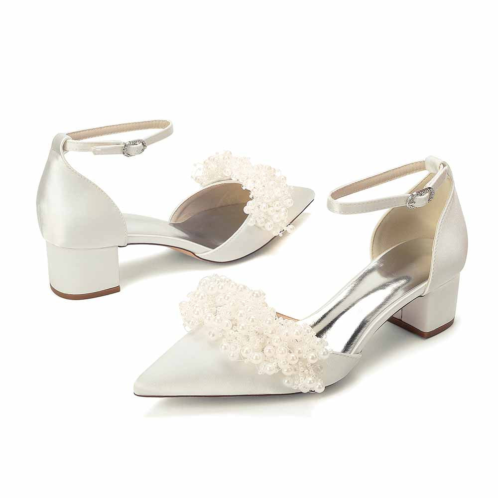 Women's White Pearl Embellished Satin Pointed - Toe Ankle Strap Block Heel Wedding Bridal Shoes