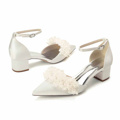 Women's White Pearl Embellished Satin Pointed - Toe Ankle Strap Block Heel Wedding Bridal Shoes