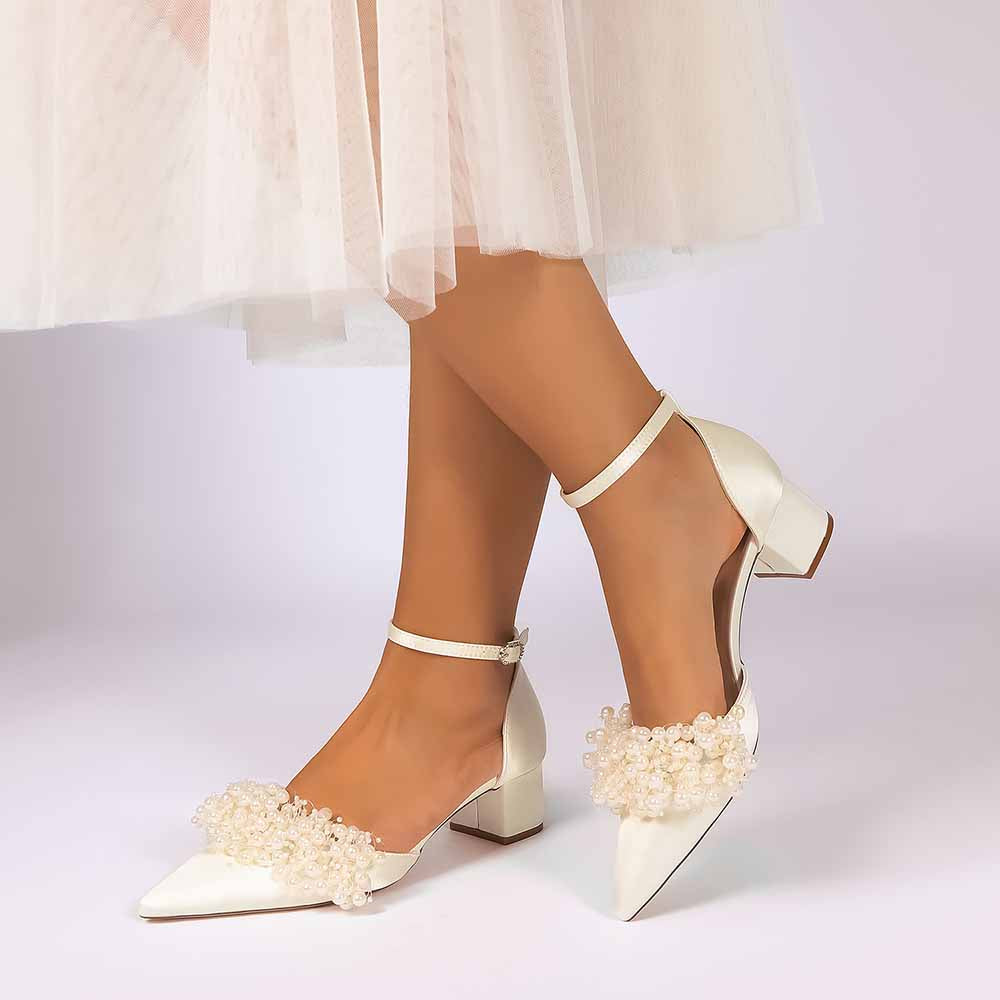 Women's White Pearl Embellished Satin Pointed - Toe Ankle Strap Block Heel Wedding Bridal Shoes