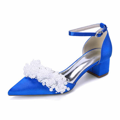 Women's White Pearl Embellished Satin Pointed - Toe Ankle Strap Block Heel Wedding Bridal Shoes