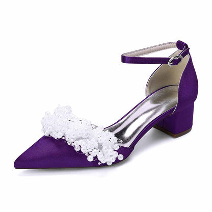 Women's White Pearl Embellished Satin Pointed - Toe Ankle Strap Block Heel Wedding Bridal Shoes