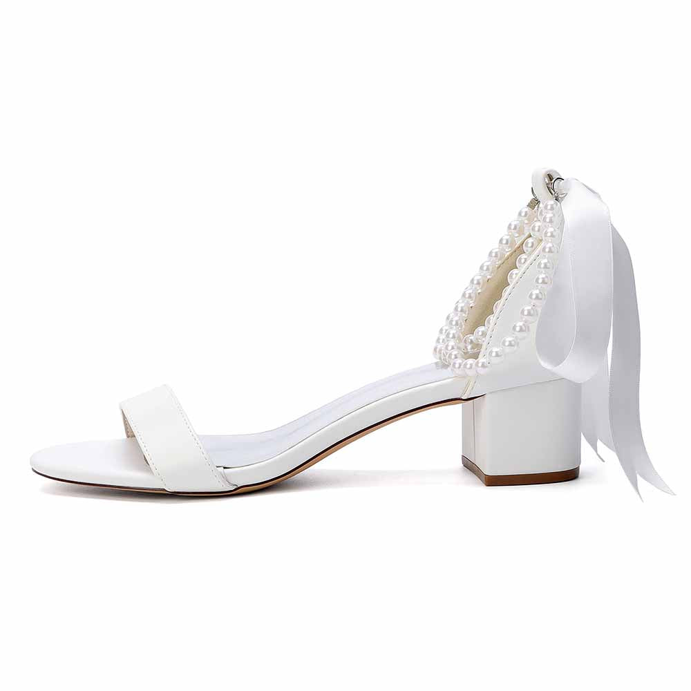 Women's White Pearl Sandals with Satin Ribbon, Chunky Heel Wedding & Summer Dress Shoes