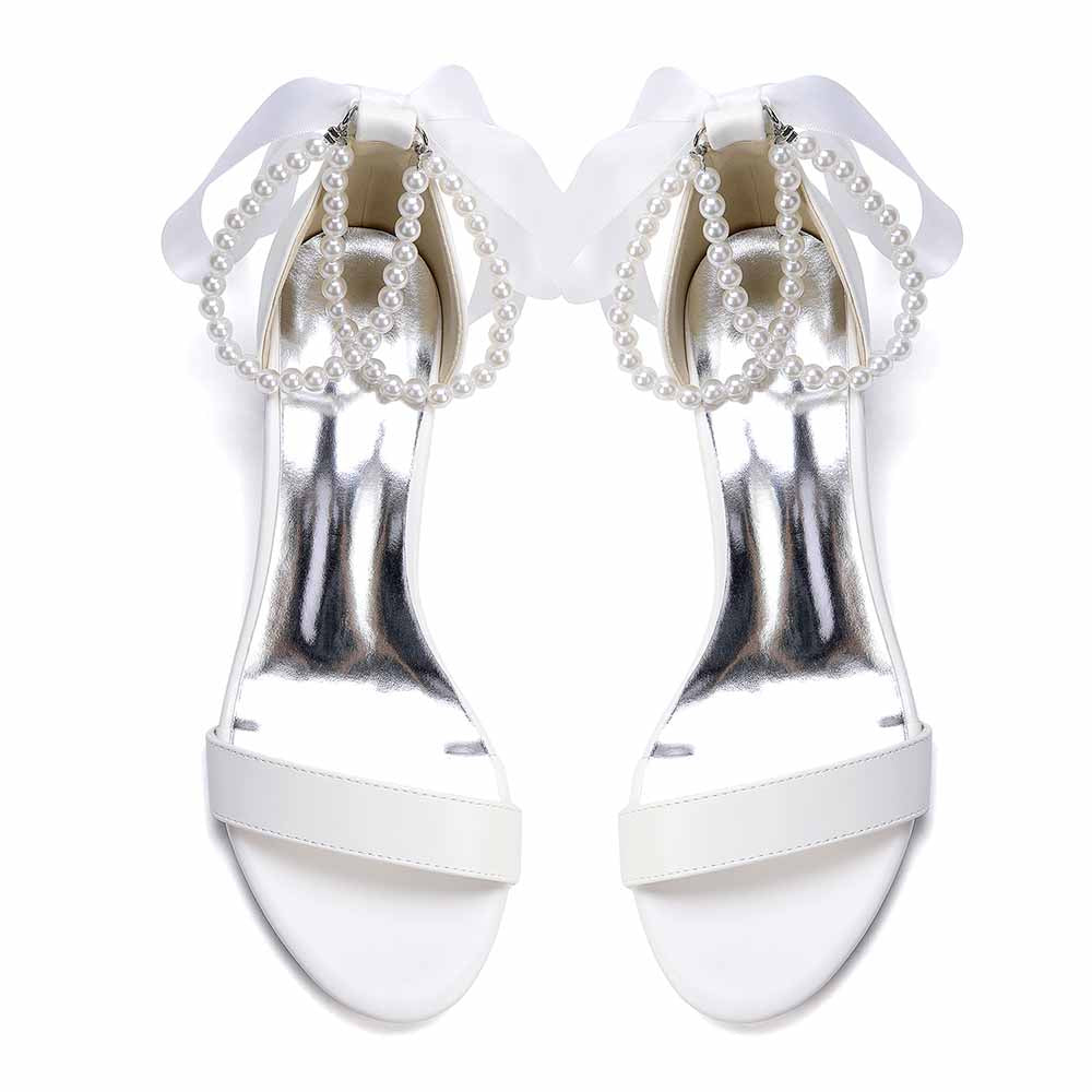 Women's White Pearl Sandals with Satin Ribbon, Chunky Heel Wedding & Summer Dress Shoes
