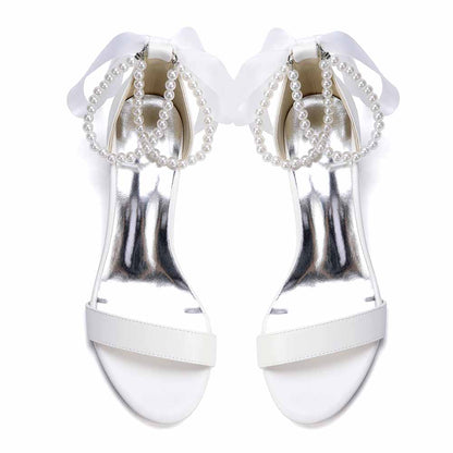 Women's White Pearl Sandals with Satin Ribbon, Chunky Heel Wedding & Summer Dress Shoes