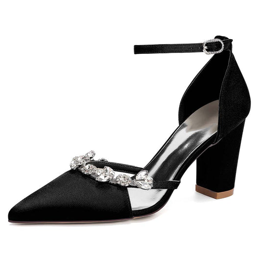 Women's Satin Crystal Embellished Ankle Strap Chunky High Heel Wedding Shoes