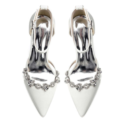 Women's Satin Crystal Embellished Ankle Strap Chunky High Heel Wedding Shoes