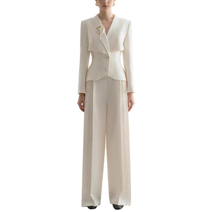 Women's Wide-Leg Formal Suit Blazer Trousers Set Event Pantsuit