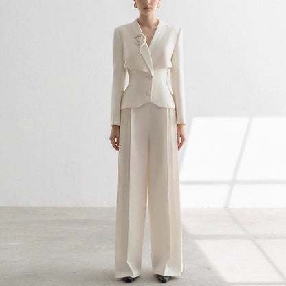 Women's Wide-Leg Formal Suit Blazer Trousers Set Event Pantsuit